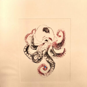 pieuvre linogravure bicolore pièce unique 15x12 cm 260 euros